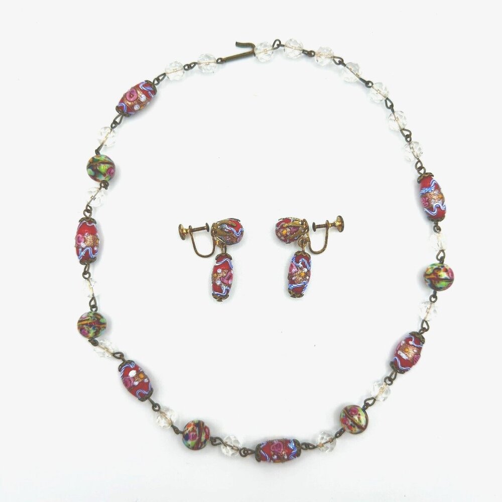 WEDDING CAKE bead set - 17" necklace & screw-back earrings vtg Venetian Murano